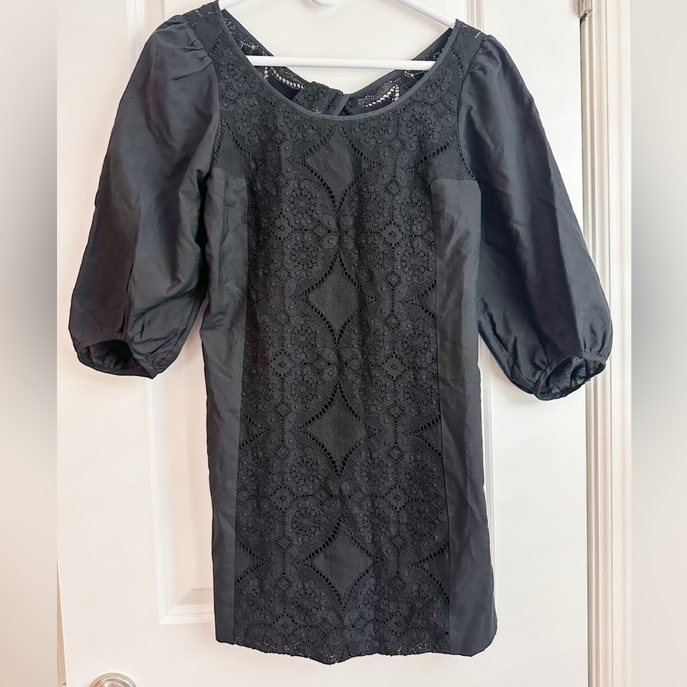 NWT Tibi Black Lace Cotton Mini Dress with Puff Sleeves and Open Back